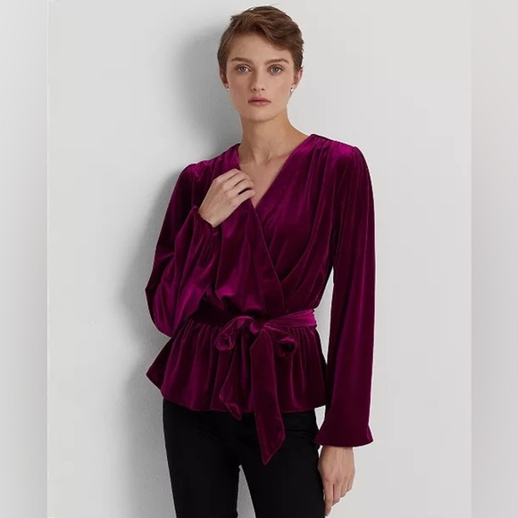 Lauren Ralph Lauren Black Label Belted Velvet Peplum Surplice Top Plus Size 1X - Picture 1 of 12